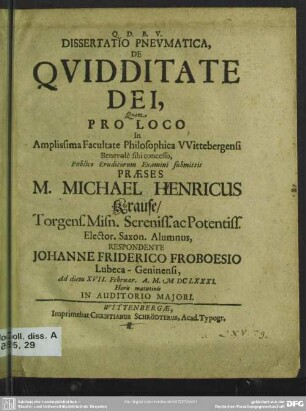 Dissertatio pneumatica, de quidditate Dei