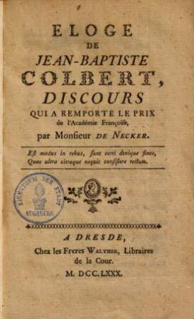 Eloge de Jean-Baptiste Colbert : discours qui a remporté le prix de l'academie françoise