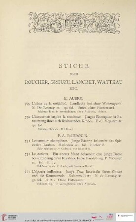 Stiche nach Boucher, Greuze, Lancret, Watteau etc. (Nr. 729 - 848)