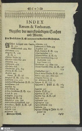 Index Rerum & Verborum. Register der merckwürdigen Sachen und Wörter