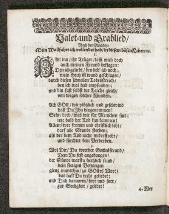 Valet- und Grablied/ Nach der Melodey: Mein Wallfahrt ich vollendet hab/ in diesem bösen Leben ...