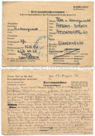 Vordruck-Postkarte von Harald von Koenigswald aus dem Kriegsgefangenenlager Metz-Obreck an seine Frau - Familienkonvolut