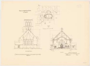 Katholische Kirche, Heyerode: Lageplan 1:500; Aufriss Nordansicht, Querschnitt 1:100