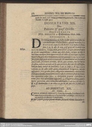 Dissertatio XIX. De Privatis & quasi Delictis. Respondente Joh. Ernesto a Schönleben, Nob. Misn