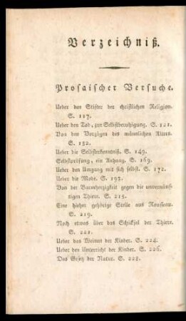 Verzeichniß. Prosaischer Versuche