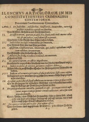 Elenchus Articulorum In His Constitutionibus Criminalibus Contentorum.