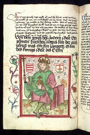 Thronender ungarischer Herrscher: König Bela II.; von Rankenwerk umgeben.