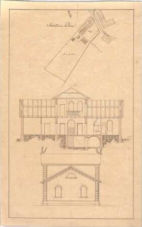 Voit, Johann Michael; Haus eines Jägers - Lageplan, Ansicht, Längsschnitt