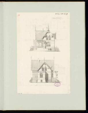 Ländliches Wohnhaus, Berlin-Lichterfelde Monatskonkurrenz April 1881: Aufriss Straßenansicht, Seitenansicht; Maßstabsleiste