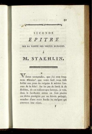 Seconde Epitre Sur La Vanité Des Vertus Humaines. À M. Staehlin.