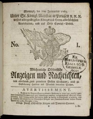 No. 1. Montags, den 7ten Januarius 1765.