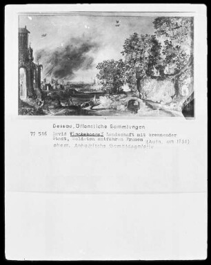 Landschaft mit brennender Stadt, Soldaten entführen Frauen