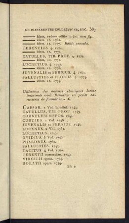 Collection des auteurs classiques latins imprimés chez Brindley en petits caractères de fomat in -16.