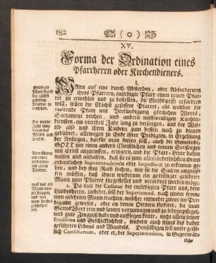 XV. Forma der Ordination eines Pfarrherrn oder Kirchendieners.