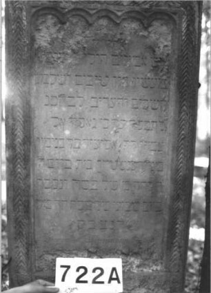 Grabstein 722 (Index: 99900450) Material: Sandstein Zustand: oben und unten völlig, in der Mitte leicht verwittert Maße HxBxT: 160x57x14 cm Beschreibung: Stele mit Konvexbogenabschluss, umlaufender Rahmen mit Zackenfries, im Bogenfeld Blatt- und Blütenornamente, Inschrift oben durch Rundbogenfries begrenzt Symbolik: Blätter, Blüten, Zackenfries, Rundbogenfries: Grabstein 722A