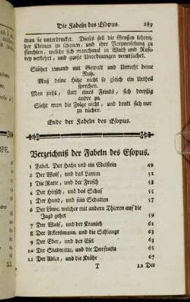Table des Fables D´Esope. - Verzeichniß der Fabeln des Esopus.