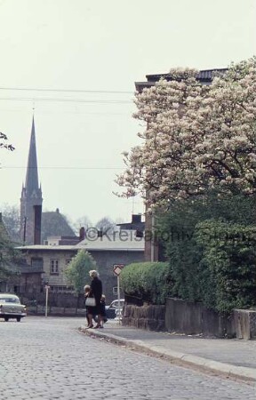 Ratzeburger Straße mit Kopfsteinpflaster: links Pkw: rechts Mauer mit Hecke und blühendem Magnolienbaum: hinten Mitte Frau mit zwei Kindern: dahinter Einmündung der Bahnhofstraße mit Pkw: dahinter Gebäude: hinten links Turm der Peter-Paul Kirche