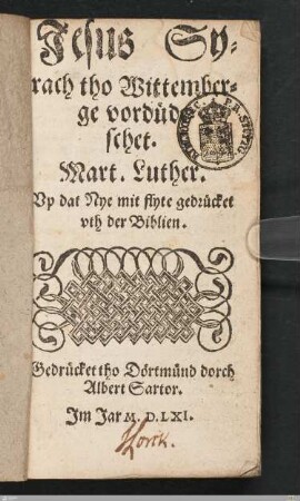 Jesus Syrach : tho Wittemberge vordüdeschet