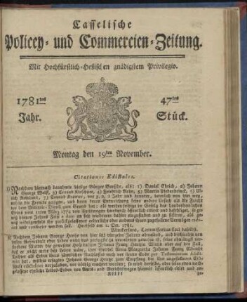 1781tes Jahr. 47tes Stück. Montag den 19ten November