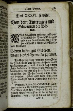 Das XXXVI. Capitel. Von dem Eintragen und Schwärmen der Bienen