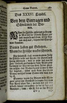 Das XXXVI. Capitel. Von dem Eintragen und Schwärmen der Bienen