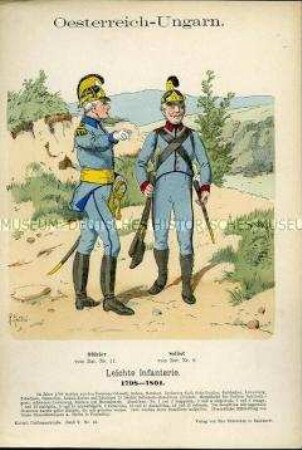 Uniformdarstellung, Offizier und Gemeiner der Leichten Infanterie, Kaiserreich Österreich-Ungarn, 1798/1801.