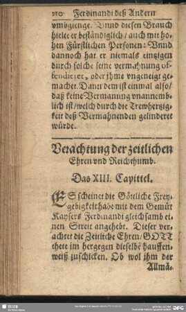 Verachtung der zeitlichen Ehren und Reichthumb. Das XIII. Capittel