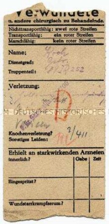Verwundetenkarte für einen Soldaten im Zweiten Weltkrieg - Personenkonvolut