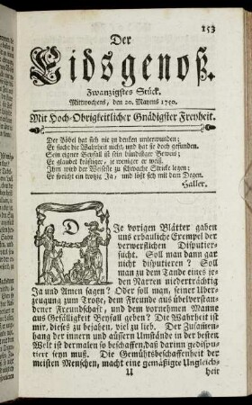 Zwanzigstes Stück. Mittwochens, den 20. Mayens 1750.
