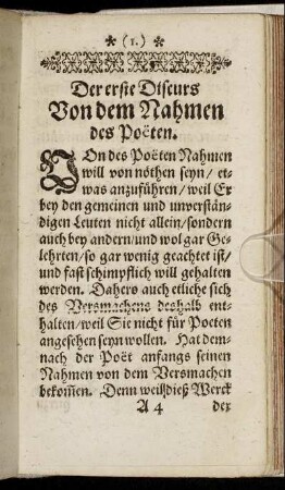 Der erste Discurs Von dem Nahmen des Poeten.