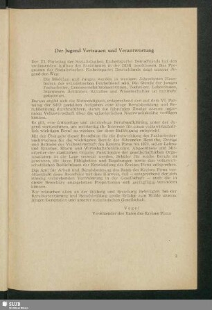 Der Jugend Vertrauen und Verantwortung