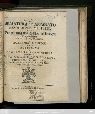 De Armatura Et Apparatu Hodiernæ Militiæ, Vulgo Von Rüstung und Zugehör des heutigen Kriegs-Wesens