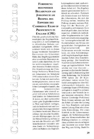 Förderung besonderer Begabungen am Johannem am Beispiel des Erwerbs des Cambridge Exam of Proficiency in English (CPE)