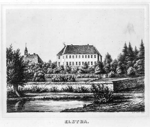 Elstra, Buchdruck; 254 x 362 mm (Blattgröße). Aus: Poenicke, G. A., Heise, F. : Album der Rittergüterund Schlösser im Königreich Sachsen, III. Section, Markgrafenthum Oberlausitz. Leipzig: Expedition des Albums Sächsischer Rittergüter und Schlösser, ca. 1859. Dresden: SLUB Hist.Sax.H.3.m-3