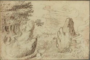 Weite Landschaft mit Felsen und bäuerlicher Staffage auf einem Weg