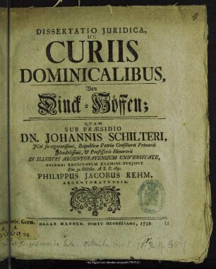 Dissertatio Iuridica, De Curiis Dominicalibus, Von Dinck-Höffen
