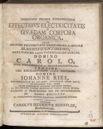 Dissertatio Physica Experimentalis De Effectibvs Electricitatis In Qvædam Corpora Organica