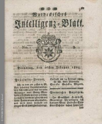 No. 9, Dienstag, den 26sten Februar 1805