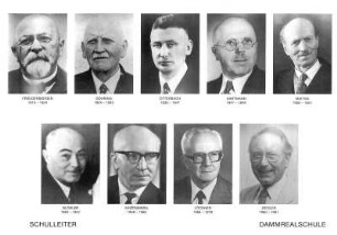 Blatt mit den Porträts der Schulleiter der Dammrealschule (Knabenmittelschule) Freudenberger, Göhring, Otterbach, Hartmann, Matthes, Glökler, Kazenwadel, Löchner, Ziegler