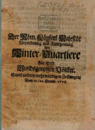 Der Röm. Kays. Mt. Verordnung in Austheilung der Winter-Quartiere