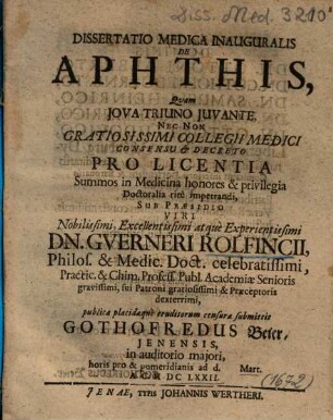 Dissertatio Medica Inauguralis De Aphthis