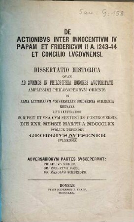 De actionibus inter Innocentium IV papam et Fridericum II a. 1243-44 et Concilio Lugdunensi