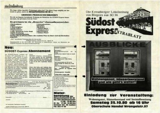 Flugschrift: Südost Express. Ausblicke.               Wohnungsnot, Häuserleerstand und wie geht&rsquo;s weiter?               1980