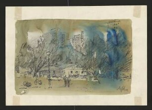Colorierte Tuschezeichnung von Karl-Heinz Klingbeil: Baubaracke am Franz-Mehring-Platz (1972)