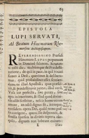 Epistola Lupi Servati Ad Beatum Hincmarum Rhemensem Archiepiscopum.