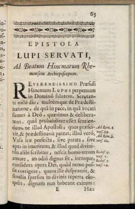 Epistola Lupi Servati Ad Beatum Hincmarum Rhemensem Archiepiscopum.