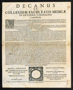 Decanus Et Collegium Facultatis Medicae In Antiqua Tubingensi Lectori Suo Sal.