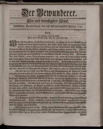 Ein und dreyßigstes Stück. Hamburg, Donnerstags, den acht und zwanzigsten Junius 1742.