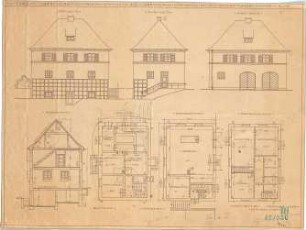 Fischer, Theodor; Nürnberg; Haus Adelsberger - Grundriss Keller, Grundriss EG, Grundriss OG; Ost, - Nord u. Westseite (Ansichten); Schnitt