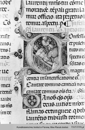 Missale Romanum : Textseite mit historisierter Initiale C: Martyrium des Laurentius